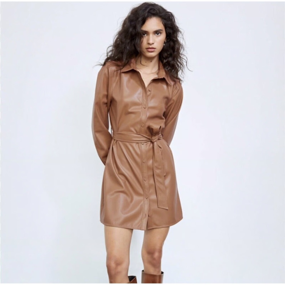Aritzia Caroline Brown Leather Belted Long Sleeves Shirt Dress Size Small